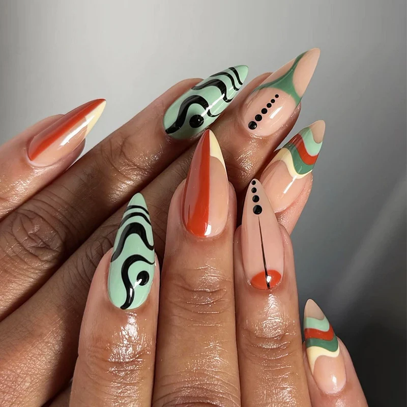 Artistic Stiletto Press-On Nails with Patterned Design Stornfield