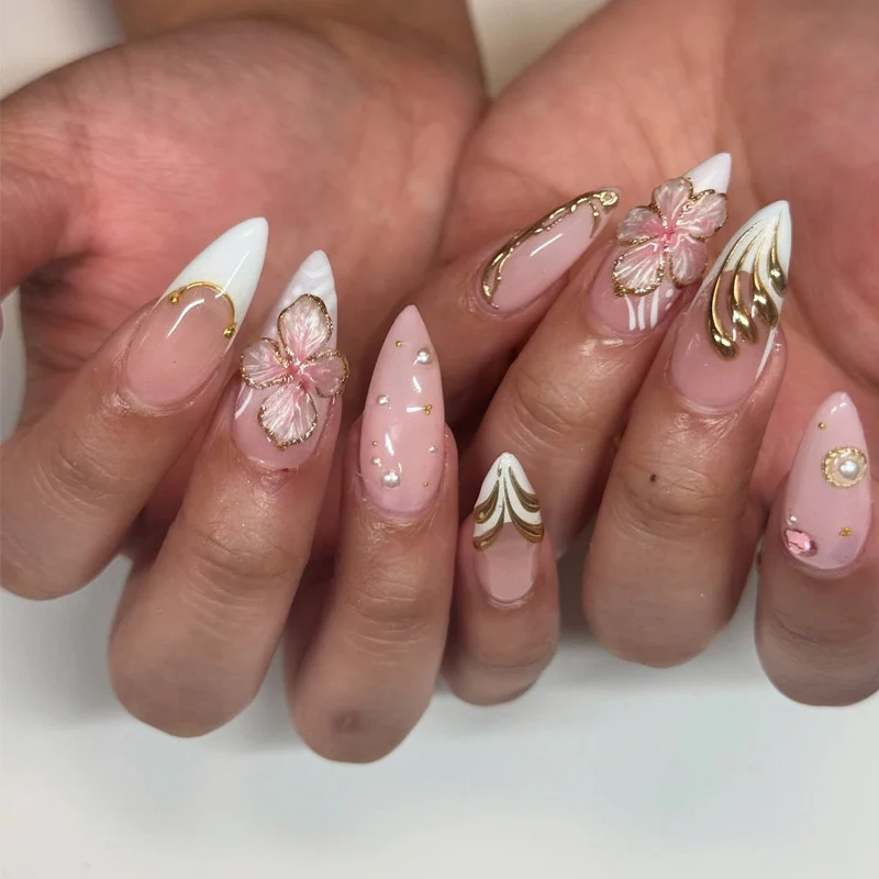 Artistic Stiletto Press-On Nail Set with Floral and Gold Accents Stornfield