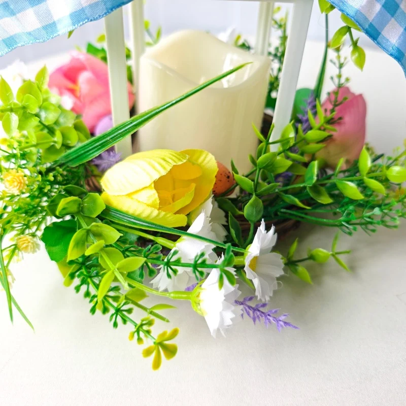 Decorative table lantern with artificial flowers and ribbon Stornfield
