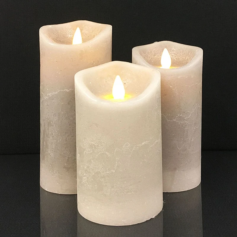 LED Lys - rustikk - 3 stykker - 10/12,5/15 cm - med 3D flamme - (ulike farger) | Luvikno