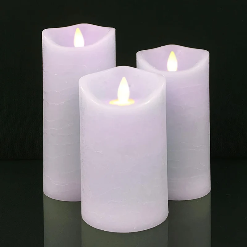 LED Lys - rustikk - 3 stykker - 10/12,5/15 cm - med 3D flamme - (ulike farger) | Luvikno