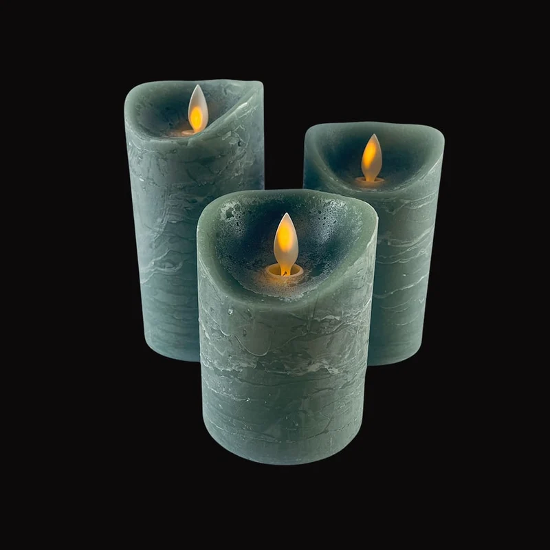 LED Lys - rustikk - 3 stykker - 10/12,5/15 cm - med 3D flamme - (ulike farger) | Luvikno