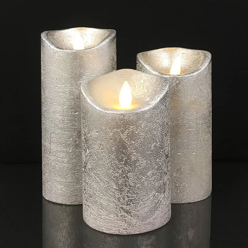 LED Lys - rustikk - 3 stykker - 10/12,5/15 cm - med 3D flamme - (ulike farger) | Luvikno