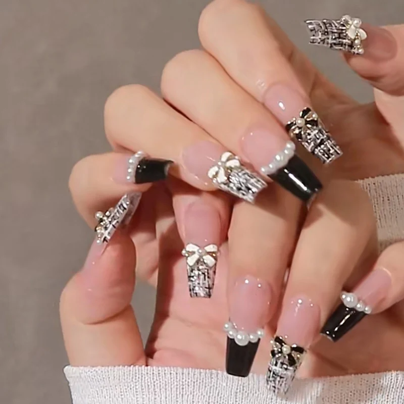 Nail Art Extensions with Ribbons and Pearls Stornfield