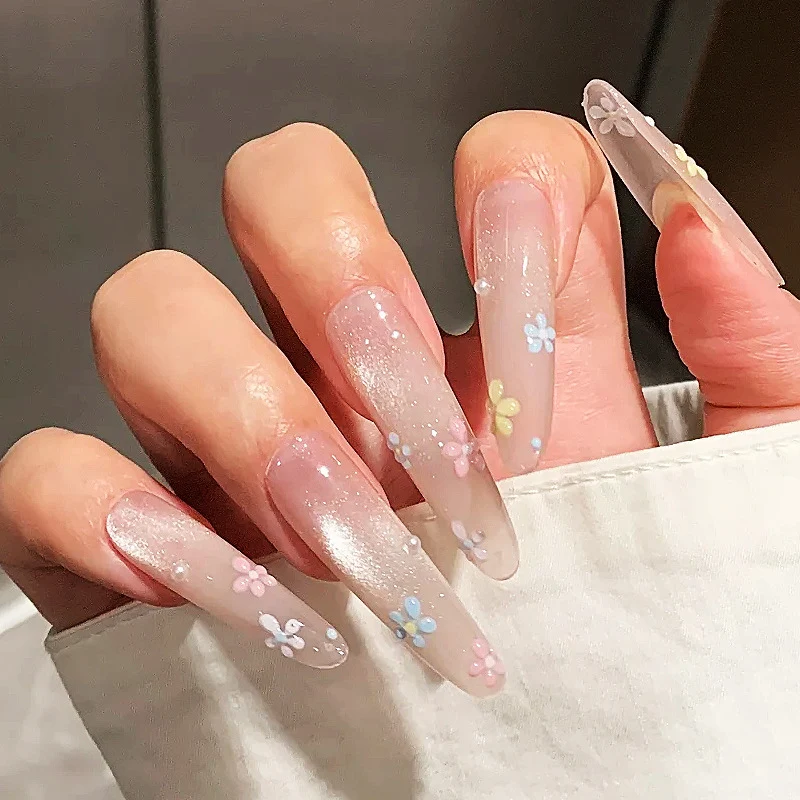 Long Acrylic Press-On Nails with Floral Embellishments Stornfield
