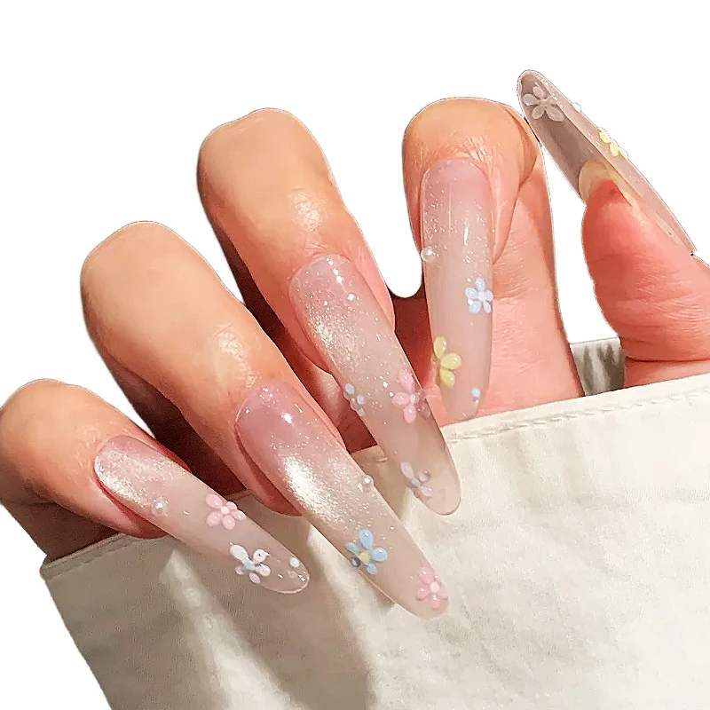 Long Acrylic Press-On Nails with Floral Embellishments Stornfield