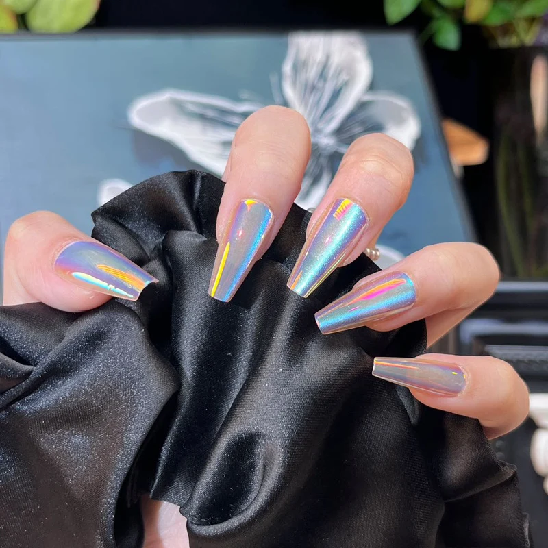 Iridescent Long Press-On Nails with Glossy Finish Stornfield