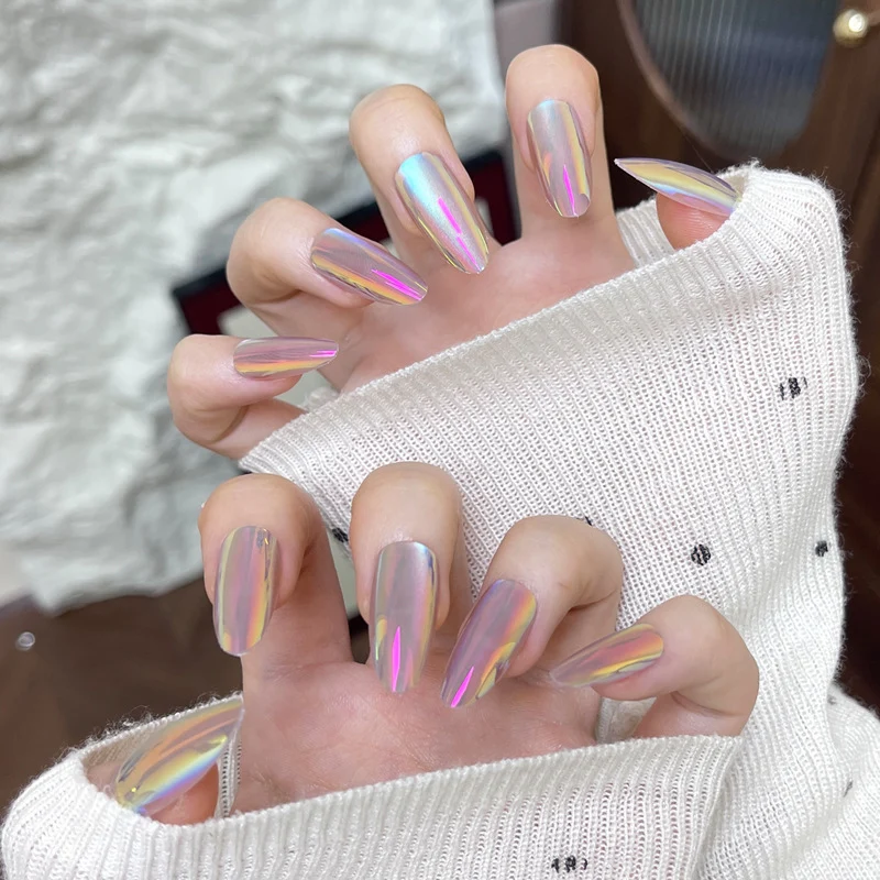 Holographic Almond-Shaped Press-On Nails Stornfield