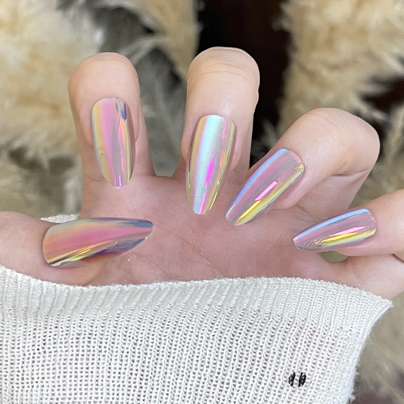 Holographic Almond-Shaped Press-On Nails Stornfield