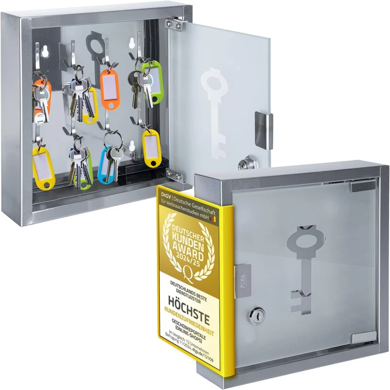Edelstahl-Schlüsselkasten mit Glastür - Schlüsselschrank Wand Silber