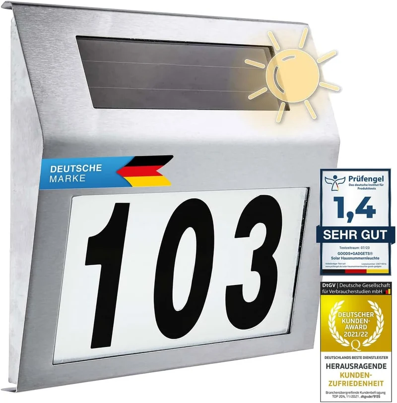 Solar Hausnummer LED Edelstahl mit Dämmerungssensor & IP44 Schutz