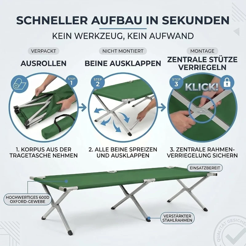 Faltbares Army Feldbett aus Aluminium - Stabiles Campingbett