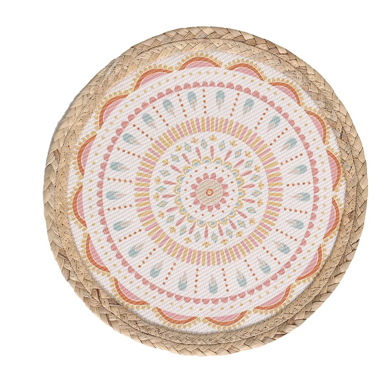 Rundes gewebtes Tischset aus Jute mit Mandala-Baumwollauflage Karnz