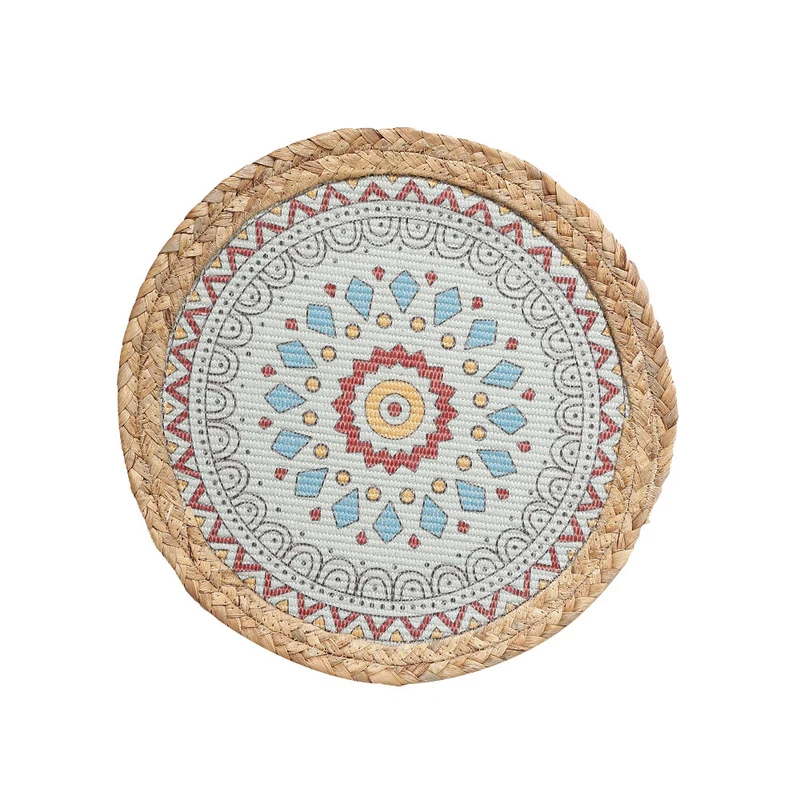 Rundes gewebtes Tischset aus Jute mit Mandala-Baumwollauflage Karnz