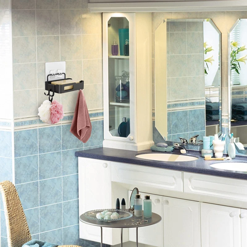 Portasapone da parete Garvee con gancio, acciaio inossidabile, impermeabile, antiruggine, per bagno e cucina, 12,5x8,5x3 cm, nero
