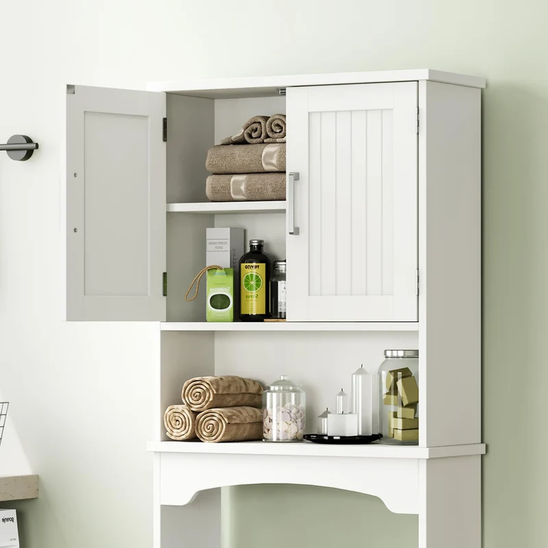 Mobiletto portaoggetti sopra il WC Garvee, in MDF con doppia ante e protezione antiribaltamento, per bagno e lavanderia, bianco, salvaspazio, versatile