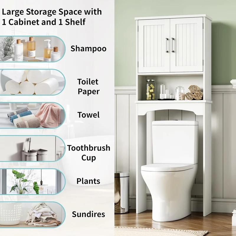 Mobiletto portaoggetti sopra il WC Garvee, in MDF con doppia ante e protezione antiribaltamento, per bagno e lavanderia, bianco, salvaspazio, versatile