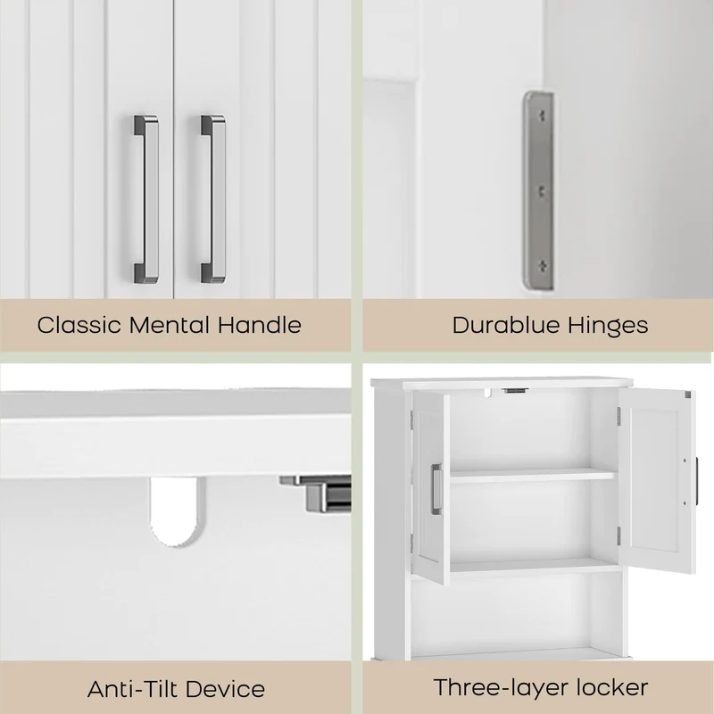 Mobiletto portaoggetti sopra il WC Garvee, in MDF con doppia ante e protezione antiribaltamento, per bagno e lavanderia, bianco, salvaspazio, versatile