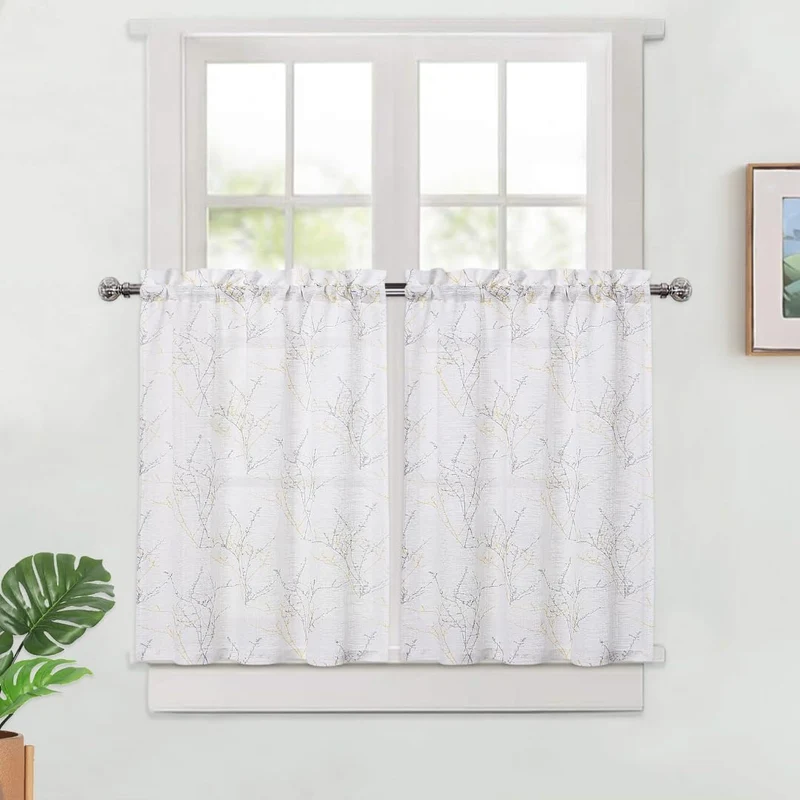 Tende da cucina Garvee con motivo a rami di albero naturali, mezza finestra, filtranti, in poliestere, 26x24 pollici, bianco/giallo, stile fattoria, soggiorno, bagno