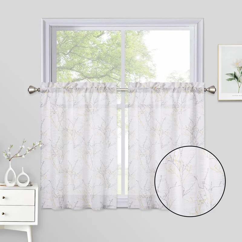 Tende semitrasparenti Garvee con motivo a rami, 26"×36", finto lino, soggiorno, bianco, 2 pezzi