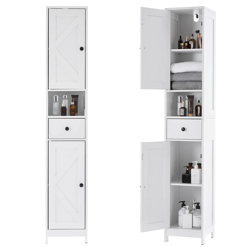 Mobiletto da bagno alto Garvee con 2 ripiani regolabili, autoportante, MDF resistente, design bianco moderno, salvaspazio per bagno e cucina