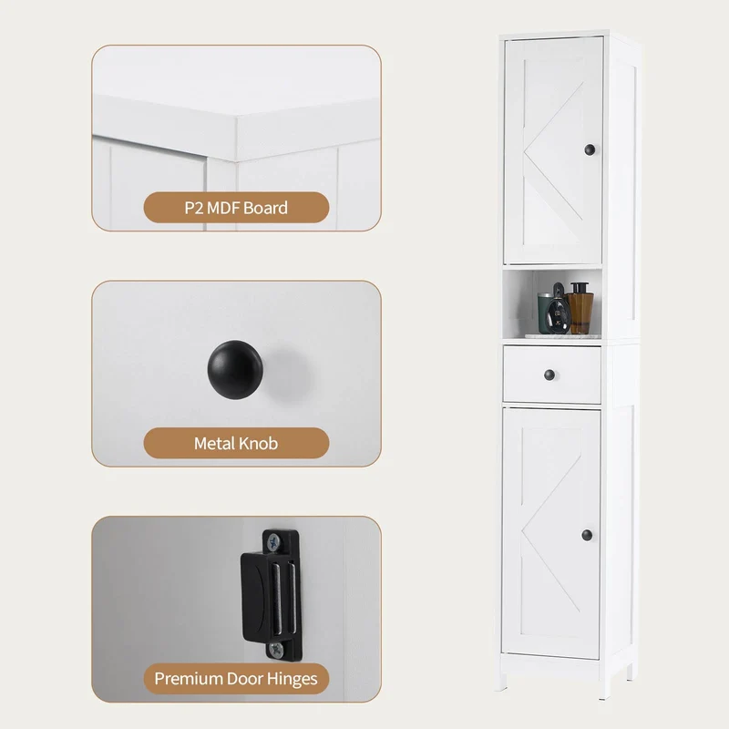 Mobiletto da bagno alto Garvee con 2 ripiani regolabili, autoportante, MDF resistente, design bianco moderno, salvaspazio per bagno e cucina