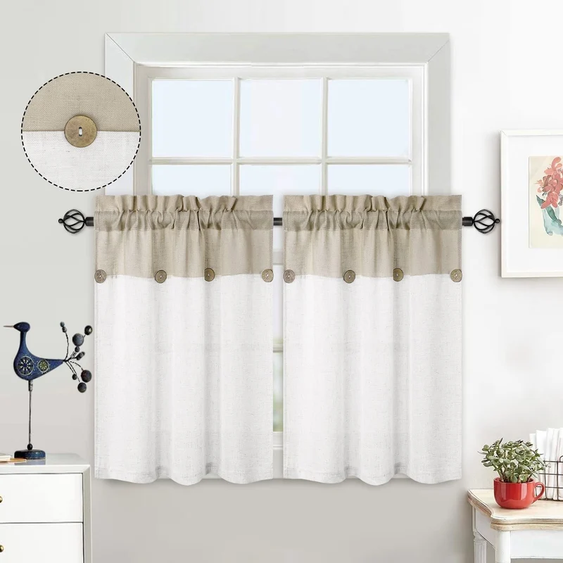 Garvee Vitrage Set di 2 piccole tende patchwork con bottoni, effetto lino, beige arioso, 69x91 cm, tende da bistrot per cucina o soggiorno