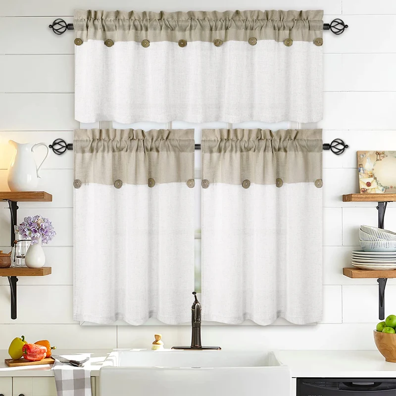 Garvee Vitrage Set di 2 piccole tende patchwork con bottoni, effetto lino, beige arioso, 69x91 cm, tende da bistrot per cucina o soggiorno