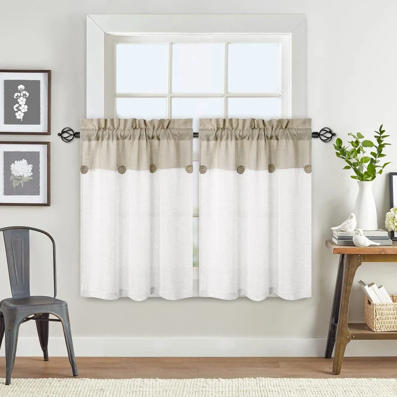 Garvee Vitrage Set di 2 piccole tende patchwork con bottoni, effetto lino, beige arioso, 69x91 cm, tende da bistrot per cucina o soggiorno