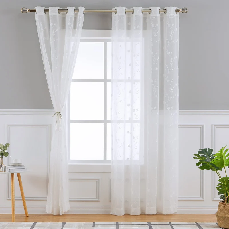 Garvee Klassische Transparente Vorhangpaneele Waschbar Bestickte Strukturierte Ösenvorhänge Wohnzimmer Weiß 132x137cm
