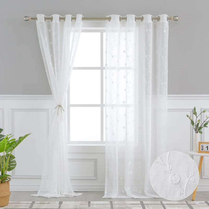 Garvee Klassische Transparente Vorhangpaneele Waschbar Bestickte Strukturierte Ösenvorhänge Wohnzimmer Weiß 132x137cm