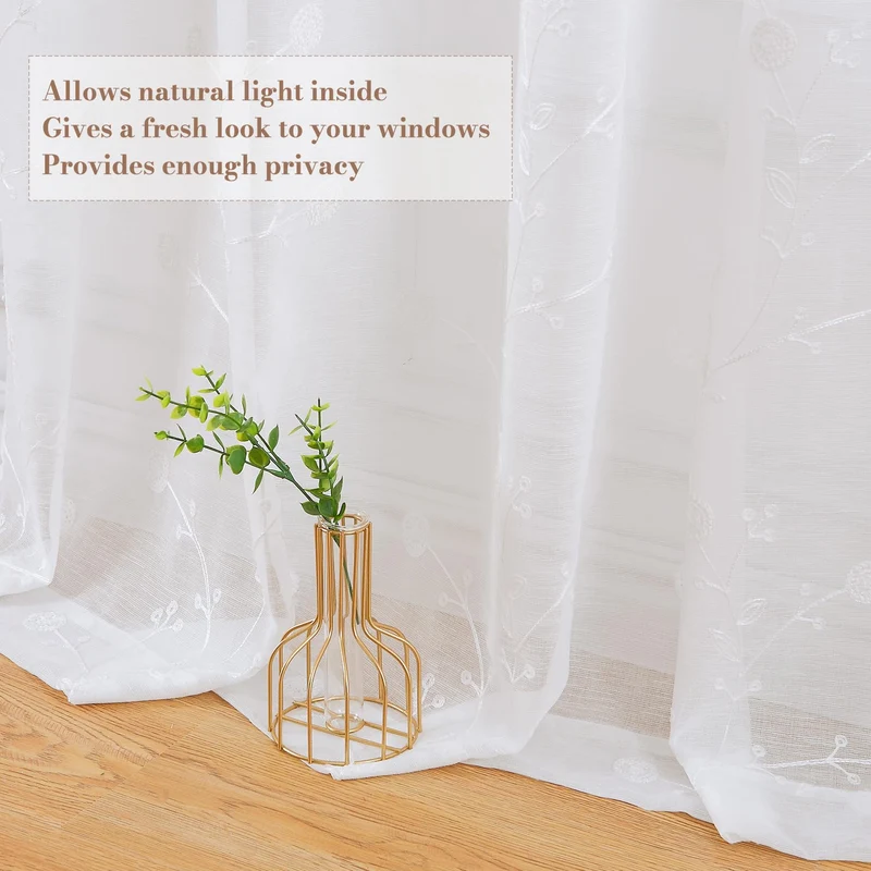 Garvee Klassische Transparente Vorhangpaneele Waschbar Bestickte Strukturierte Ösenvorhänge Wohnzimmer Weiß 132x137cm