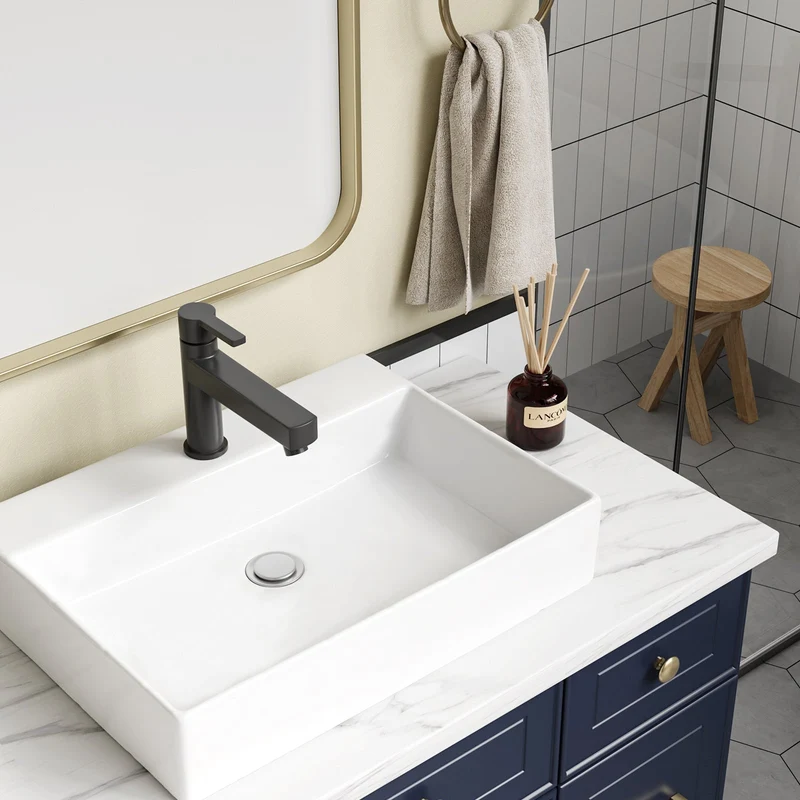 Lavabo da bagno Garvee, rettangolare, in ceramica, bianco, 61x45x13 cm, per bagno e toilette per gli ospiti, moderno, antigraffio, smaltato