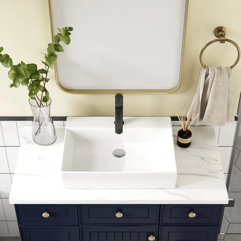 Lavabo da bagno Garvee, rettangolare, in ceramica, bianco, 61x45x13 cm, per bagno e toilette per gli ospiti, moderno, antigraffio, smaltato