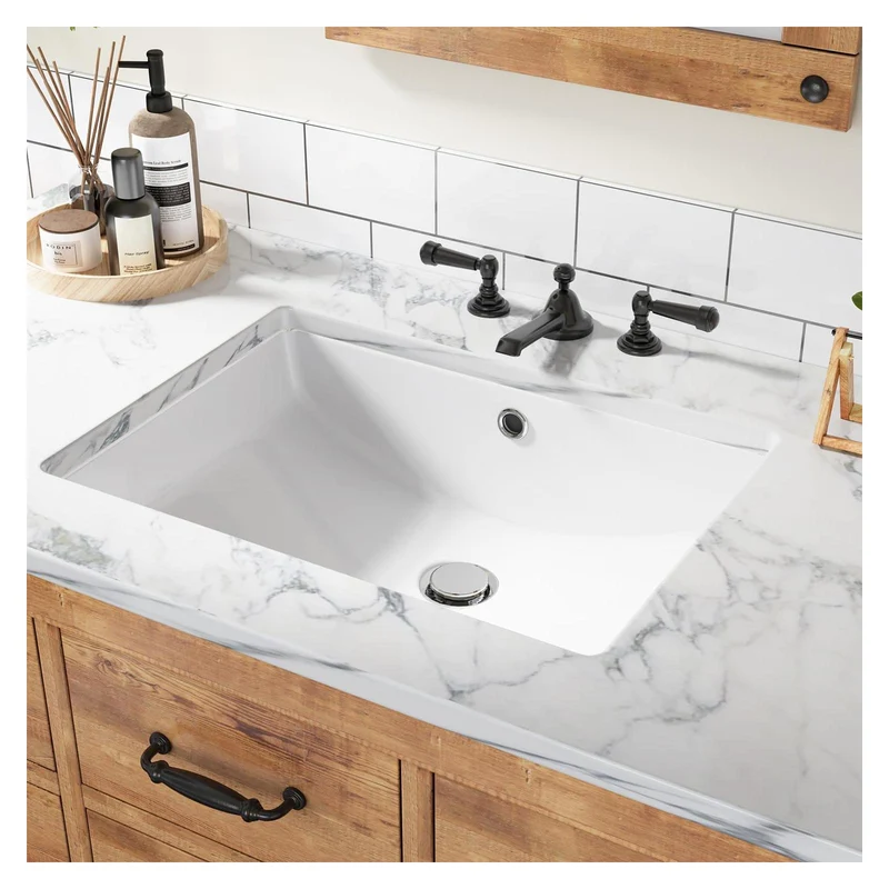Lavabo da appoggio in ceramica Garvee rettangolare con troppo pieno, bianco lucido, 21,65x15,75x7,87 pollici, bagno moderno