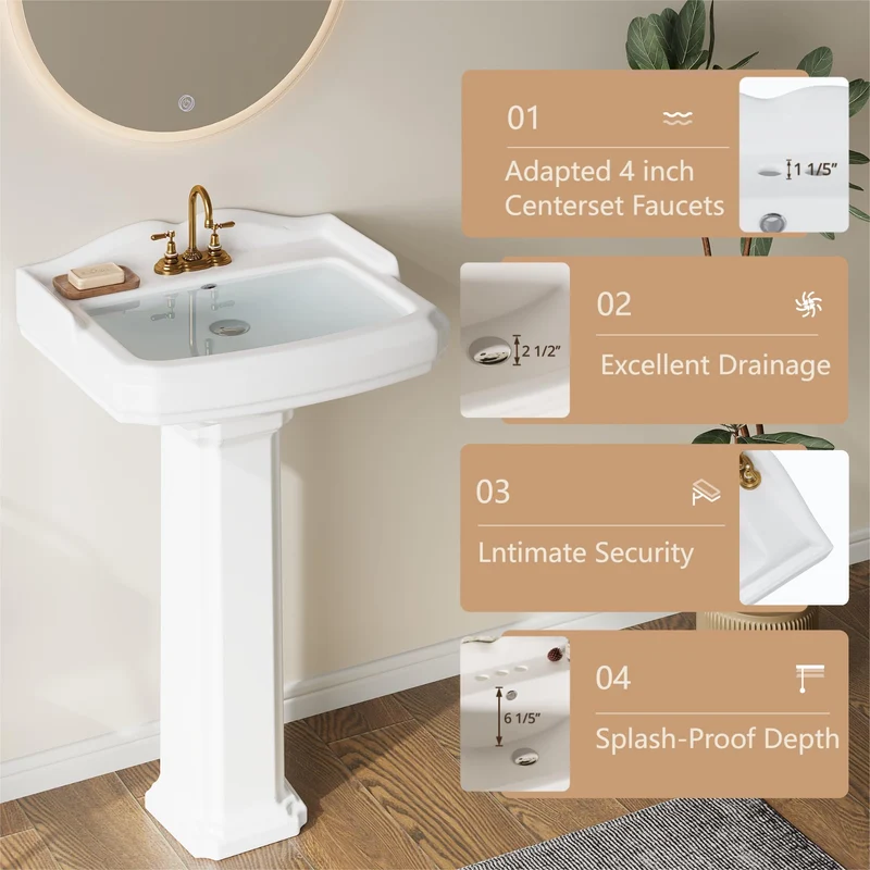 Lavabo rettangolare in ceramica Garvee da 23x19 pollici con rubinetto a 3 fori e troppo pieno per bagno moderno in bianco