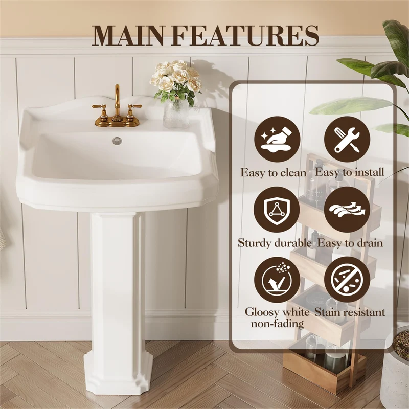 Lavabo rettangolare in ceramica Garvee da 23x19 pollici con rubinetto a 3 fori e troppo pieno per bagno moderno in bianco