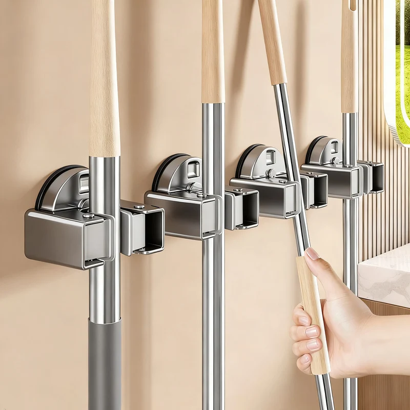Suction cup holder for brooms and mops