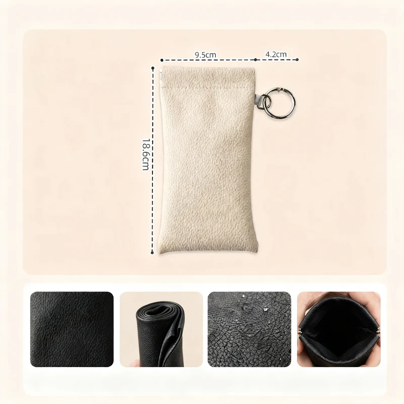 Leather glasses case with cleaning cloth and hangtag