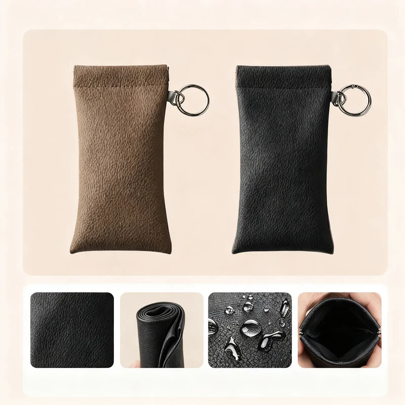 Leather glasses case with cleaning cloth and hangtag