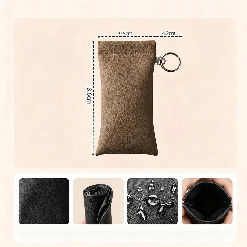 Leather glasses case with cleaning cloth and hangtag