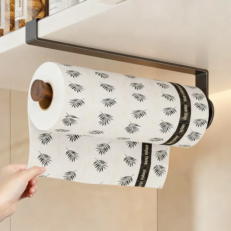 Kitchen roll holder with aluminum and walnut wood