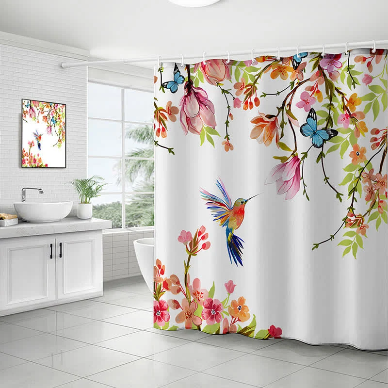 Wasserdichter Duschvorhang mit pastoralem Vogel- und Blumenmotiv
