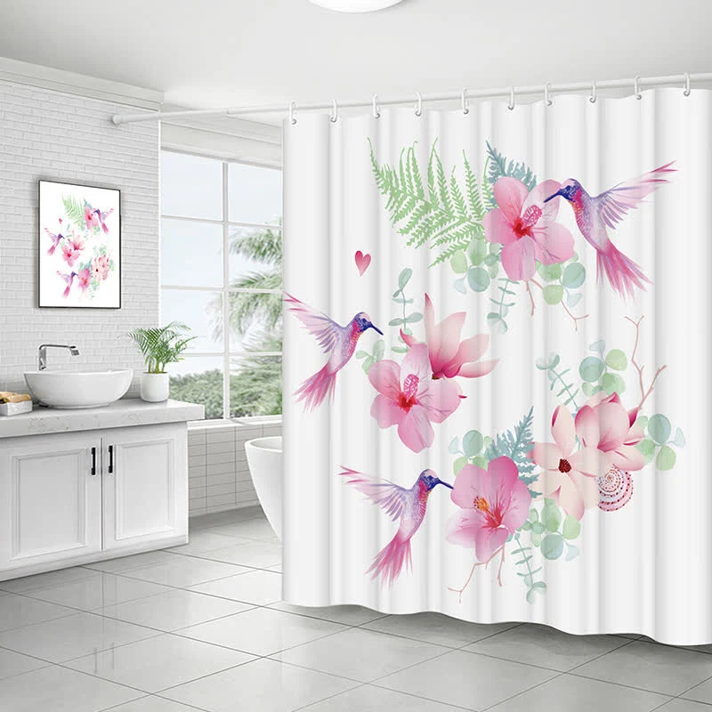 Wasserdichter Duschvorhang mit pastoralem Vogel- und Blumenmotiv
