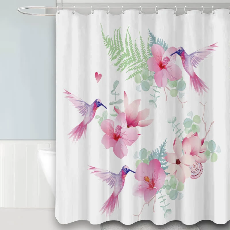 Wasserdichter Duschvorhang mit pastoralem Vogel- und Blumenmotiv