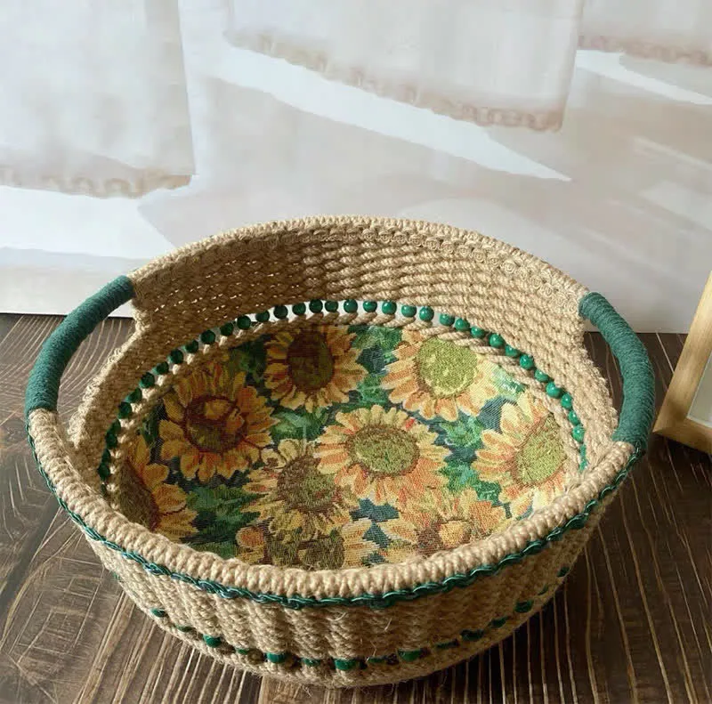 Handgemachter Tisch-Aufbewahrungskorb mit Sonnenblumenmotiv
