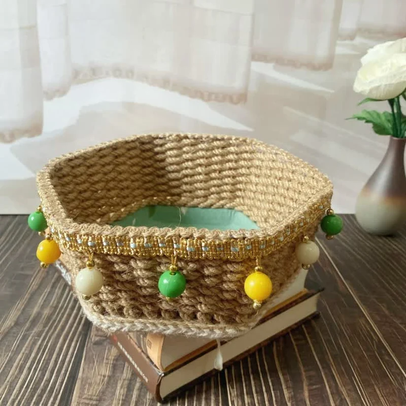 Sechseckiger Aufbewahrungskorb aus Hanfseil mit Blumenmuster