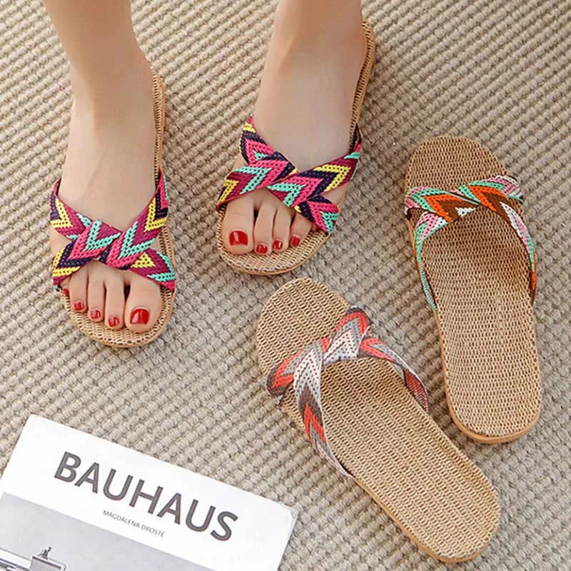 Boho Cross Anti-Rutsch-Hausschuhe aus Flachs
