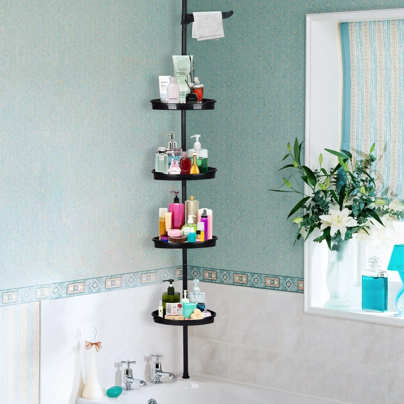 Organizzatore Angolare per Doccia a Tensione Garvee 4 Ripiani Regolabili Antiruggine in Ferro Nero Altezza 258-310 cm Bagno