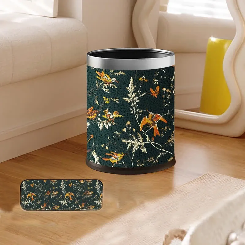 Papierkorb mit großem Fassungsvermögen aus Leder mit Blumen- und Vogelmotiv